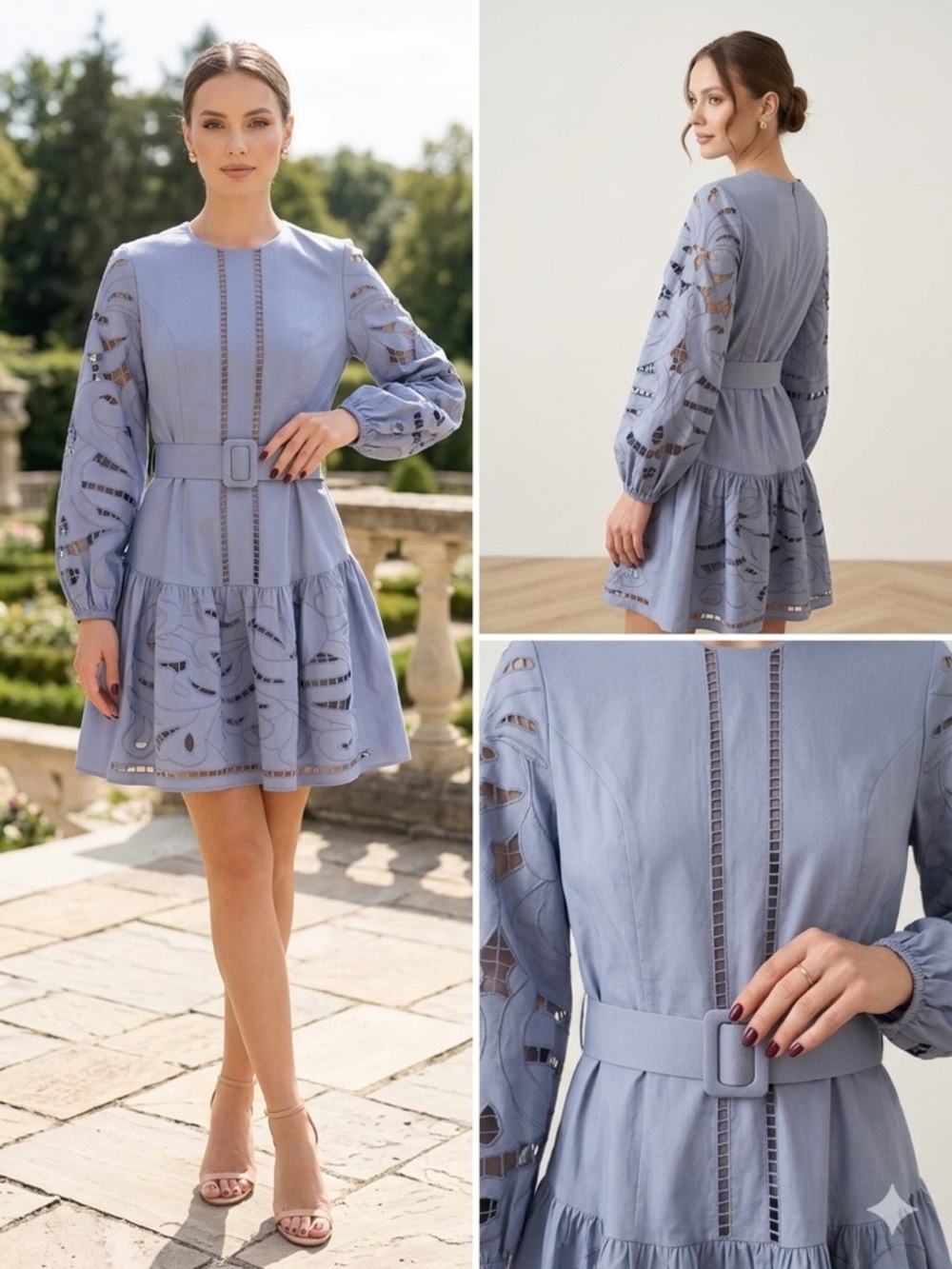 Kosmika Gray Cutwork Belted Mini Dress Floral Balloon Sleeve Size 38